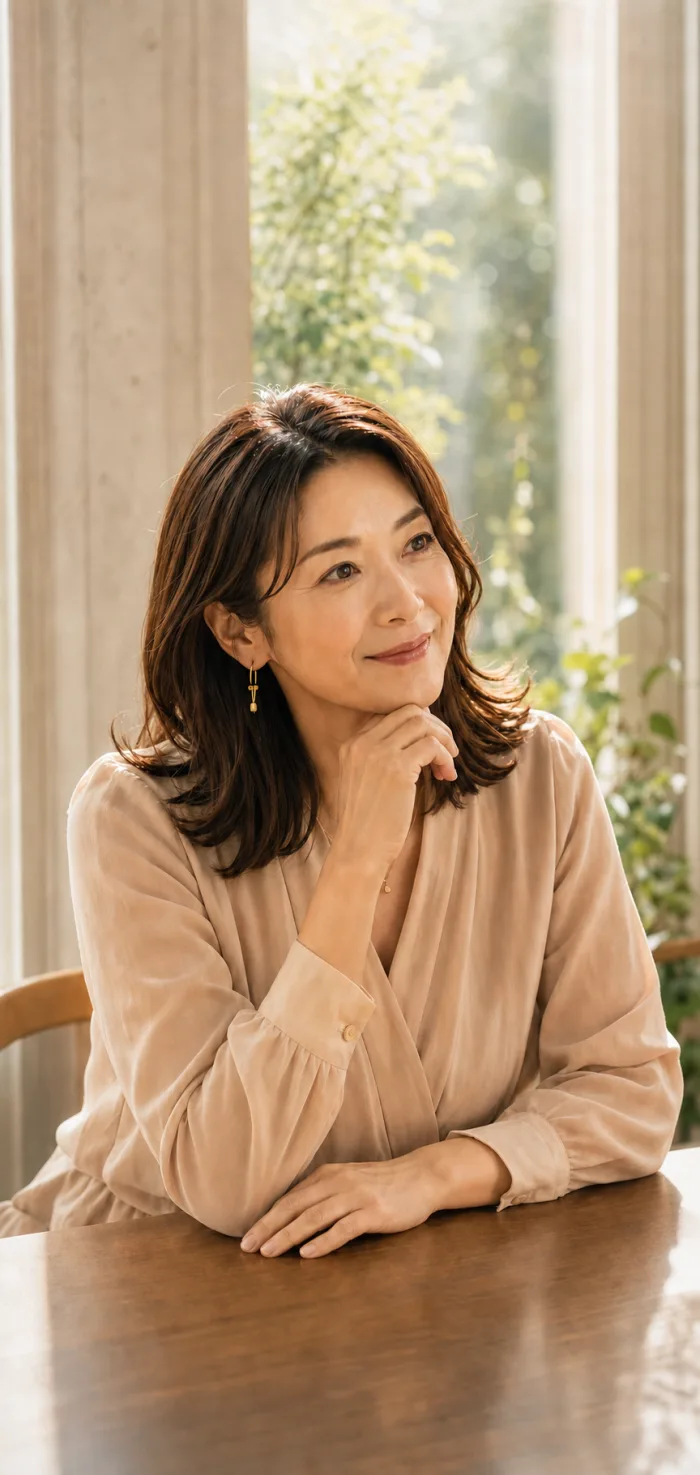 明るい窓辺で顎に手を添え、少し考えながら微笑む大人の女性