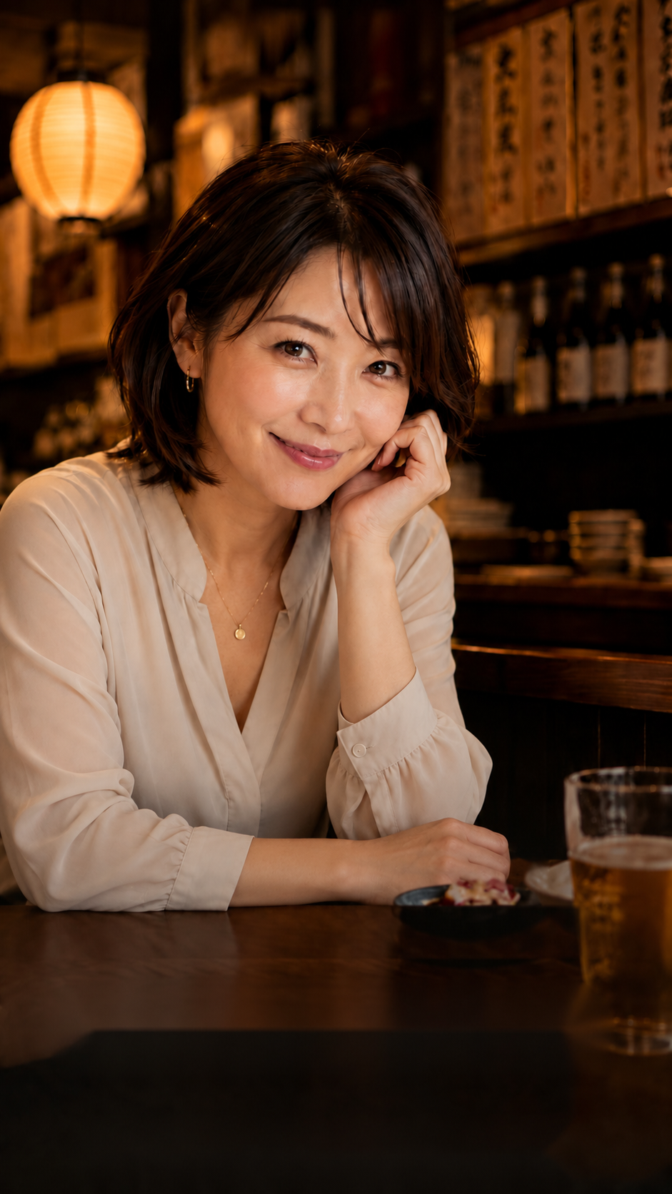 カウンターで穏やかに微笑む女性。