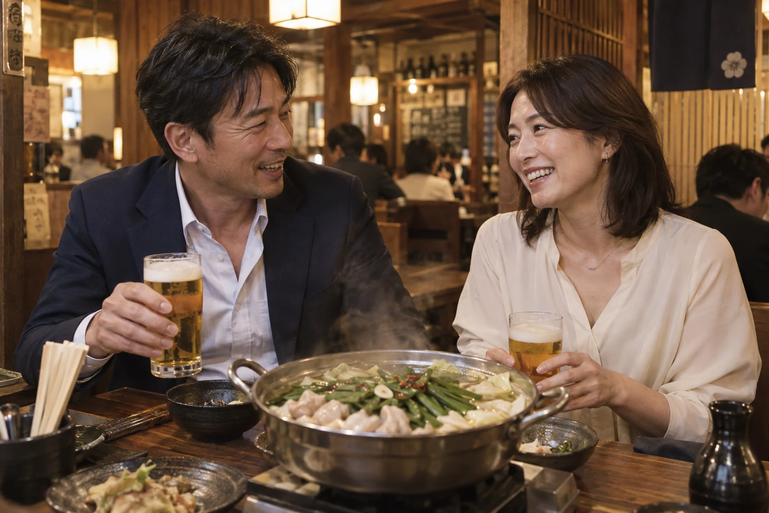福岡の居酒屋で、もつ鍋とビールを囲んで会話を楽しむ40代半ばの男女。