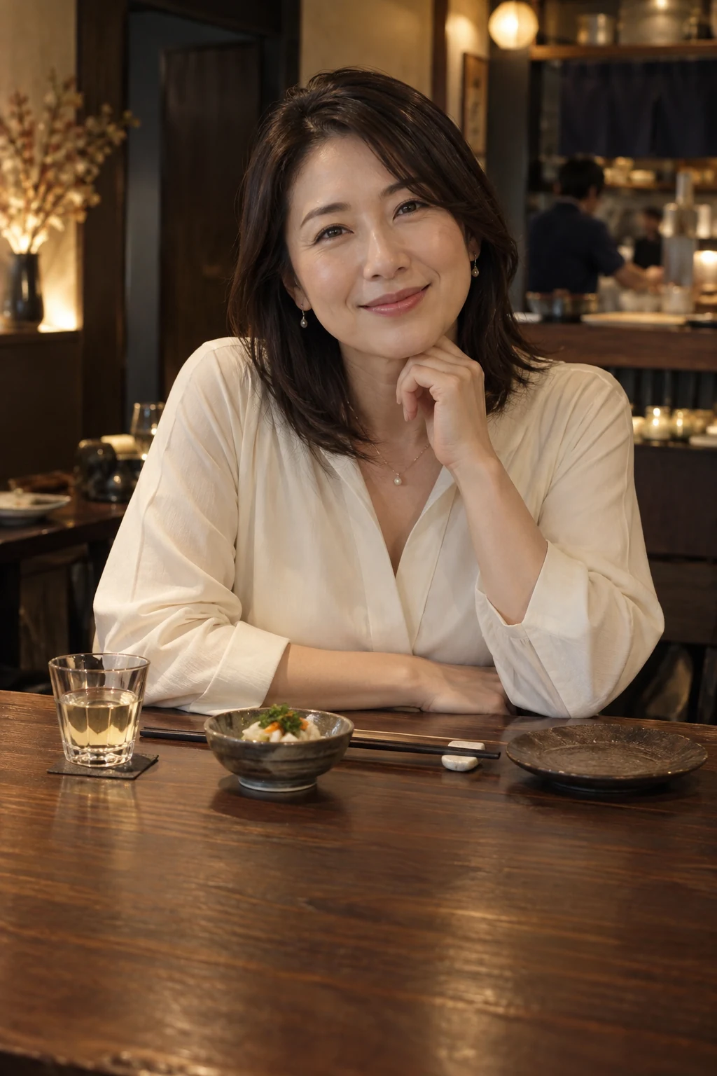 木のカウンターで穏やかに微笑む、清潔感のある40代半ばの女性。