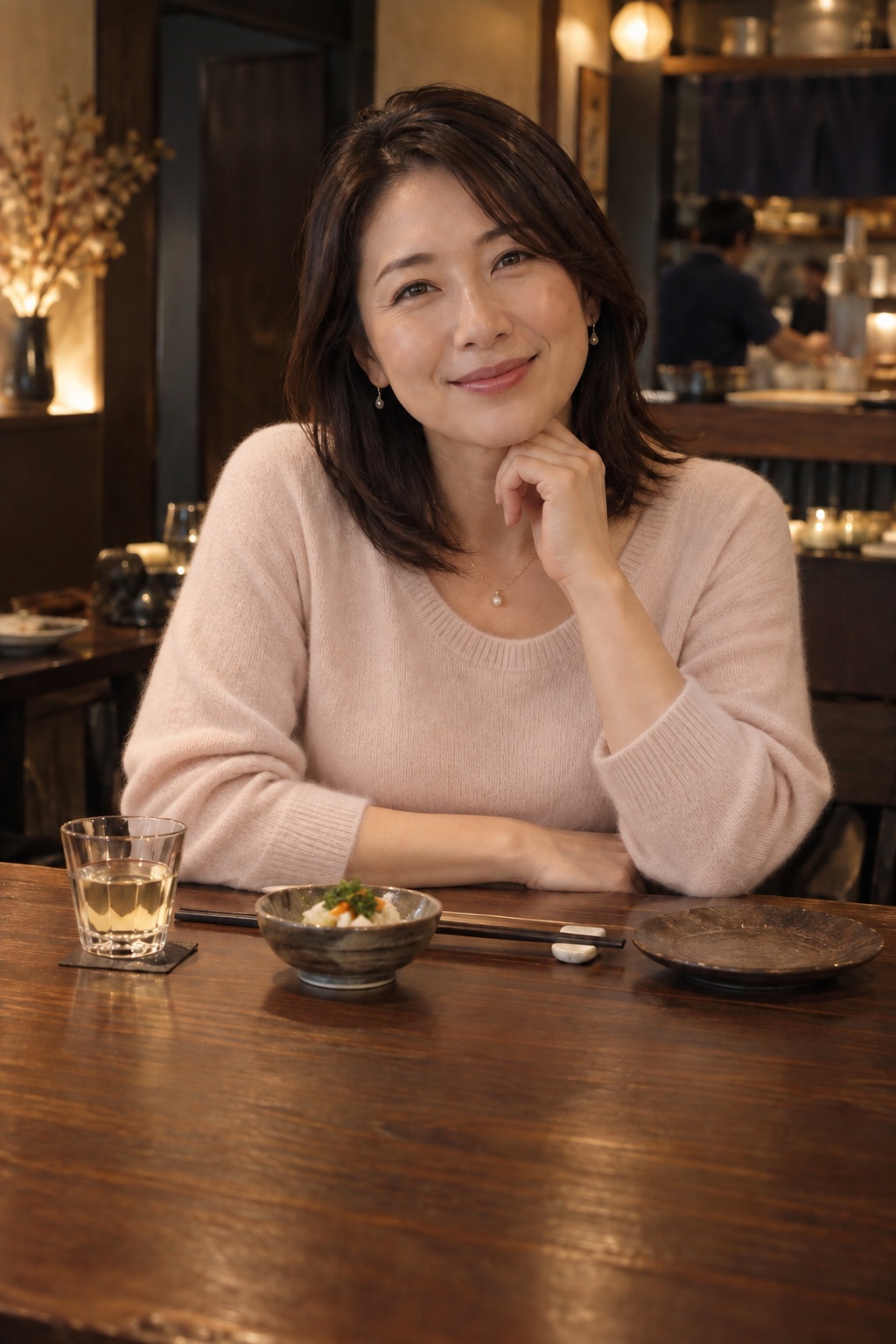 淡いピンクベージュのニットを着て、木のカウンターで穏やかに微笑む40代半ばの女性。