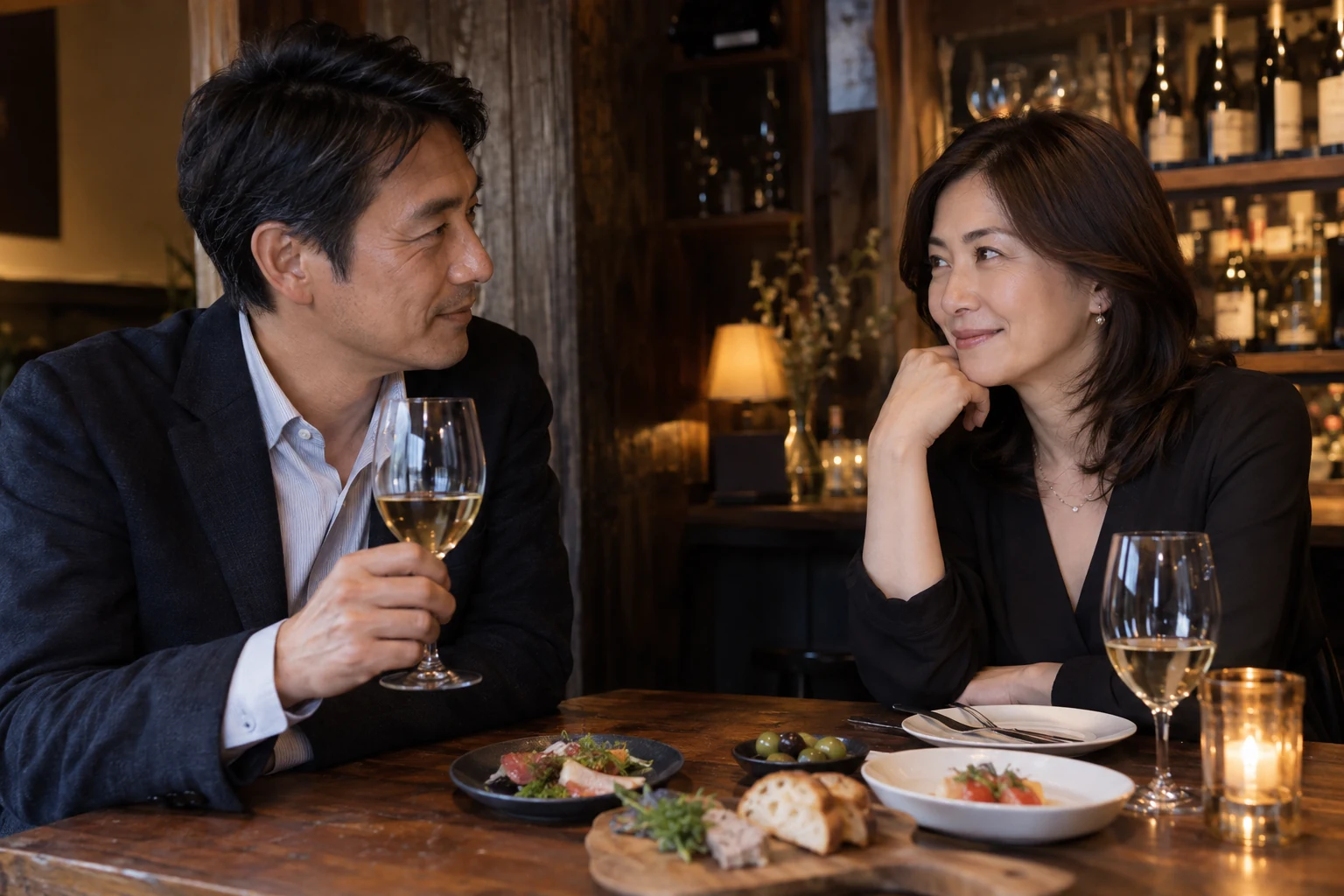 木の温かみのあるワインバーで、ゆっくり会話を楽しむ40代半ばの男女。