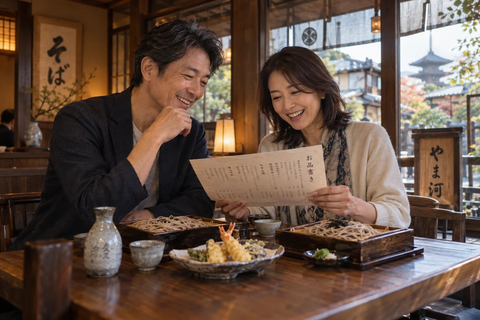 京都のそば屋でメニューを見ながら笑い合う40代半ばの男女。そばと天ぷら、日本酒が並ぶ。