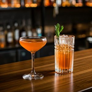 Cocktail glasses on a dark table