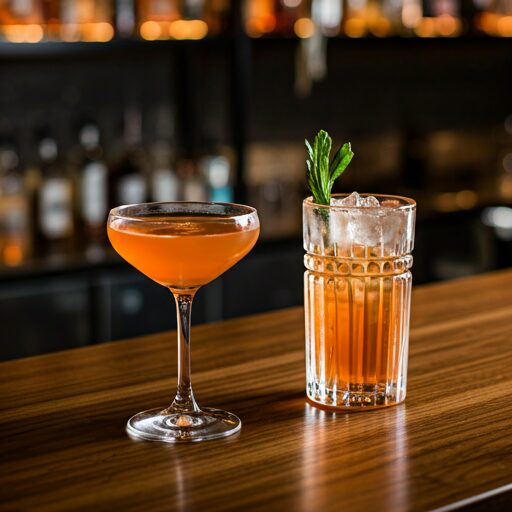Cocktail glasses on a dark table