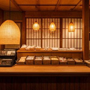 Cozy traditional Japanese izakaya with warm lighting